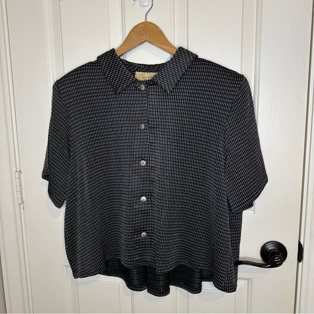 VTG Double D Ranch Black Blue Brown Patterened Sleeky Button Up Blouse Sz S Boho - Picture 2 of 7